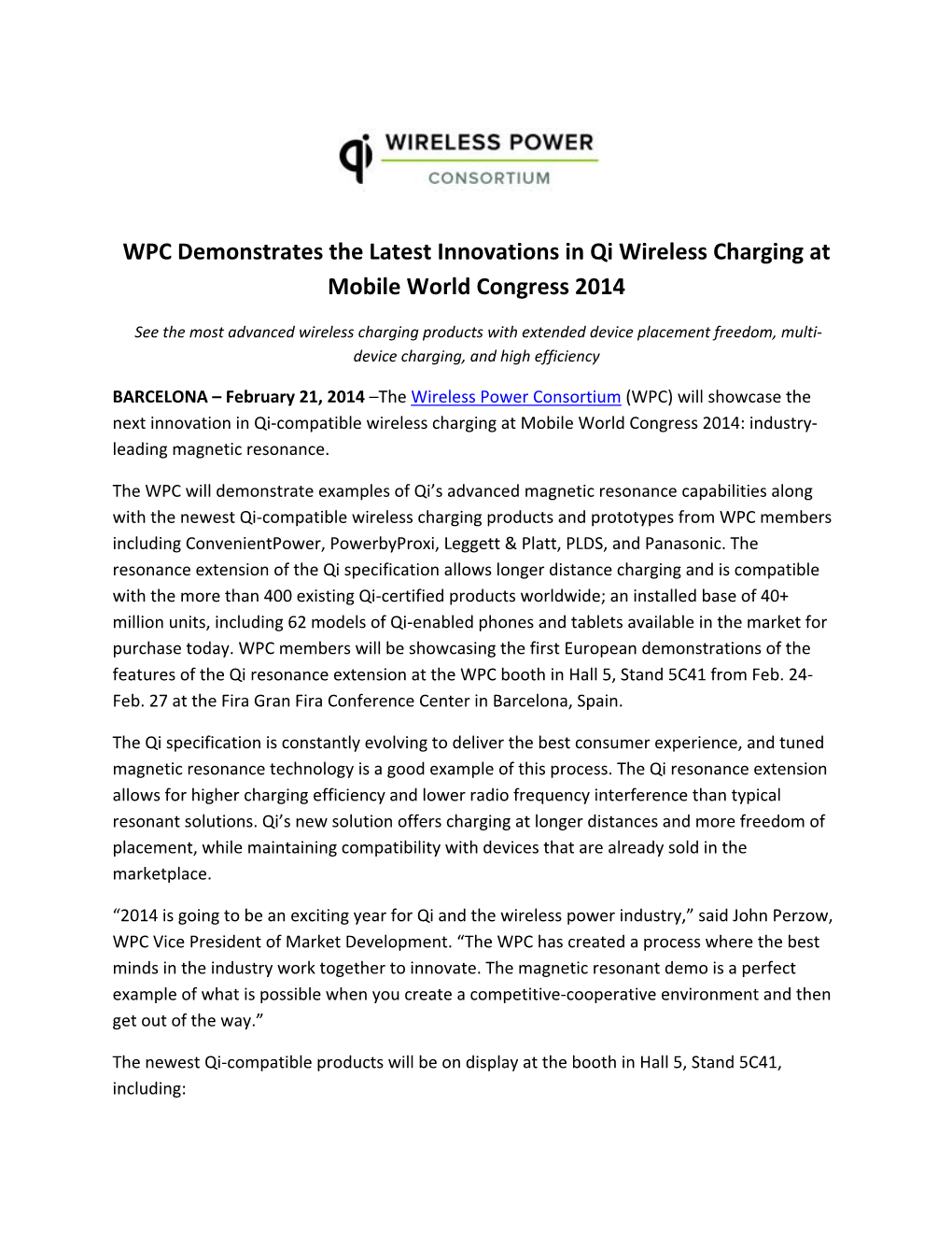 WPC Demonstrates the Latest Innovations in Qi Wireless Charging at Mobile World Congress 2014