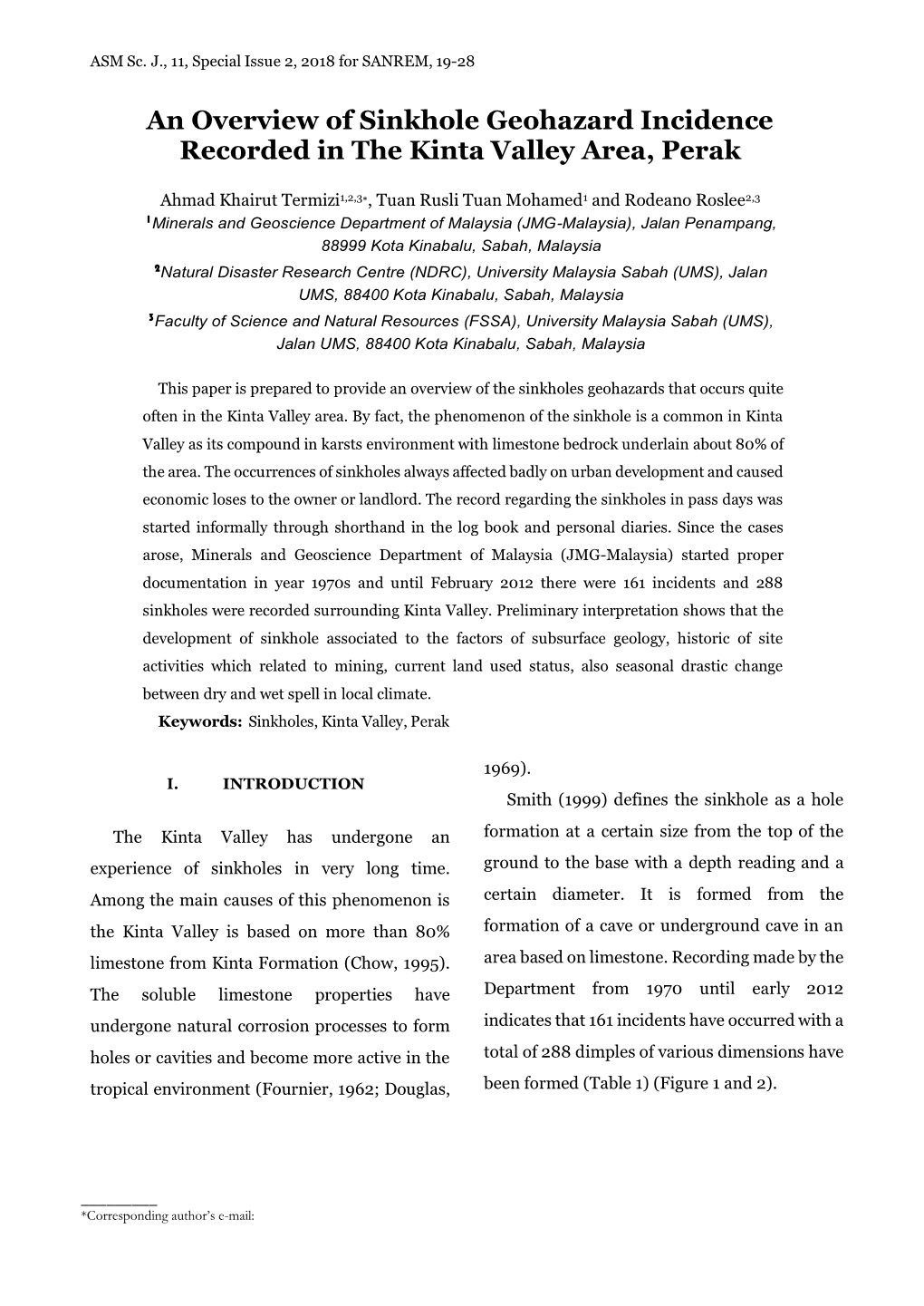 An Overview of Sinkhole Geohazard Incidence Recorded in the Kinta Valley Area, Perak