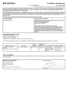 Certificate of Insurance No.: CSA-2020-8-CCC Dated: July 23, 2020 This Document Supersedes Any Certificate Previously Issued Under This Number