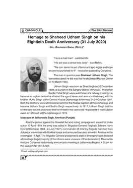 Homage to Shaheed Udham Singh on His Eightieth Death Anniversary (31 July 2020)
