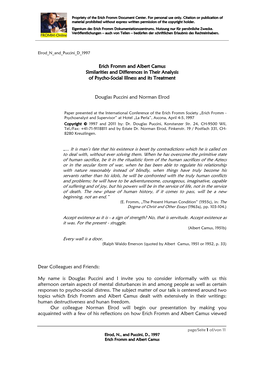 Erich Fromm and Albert Camus Similarities and Differences in Their Analysis of Psycho-Social Illness and Its Treatment