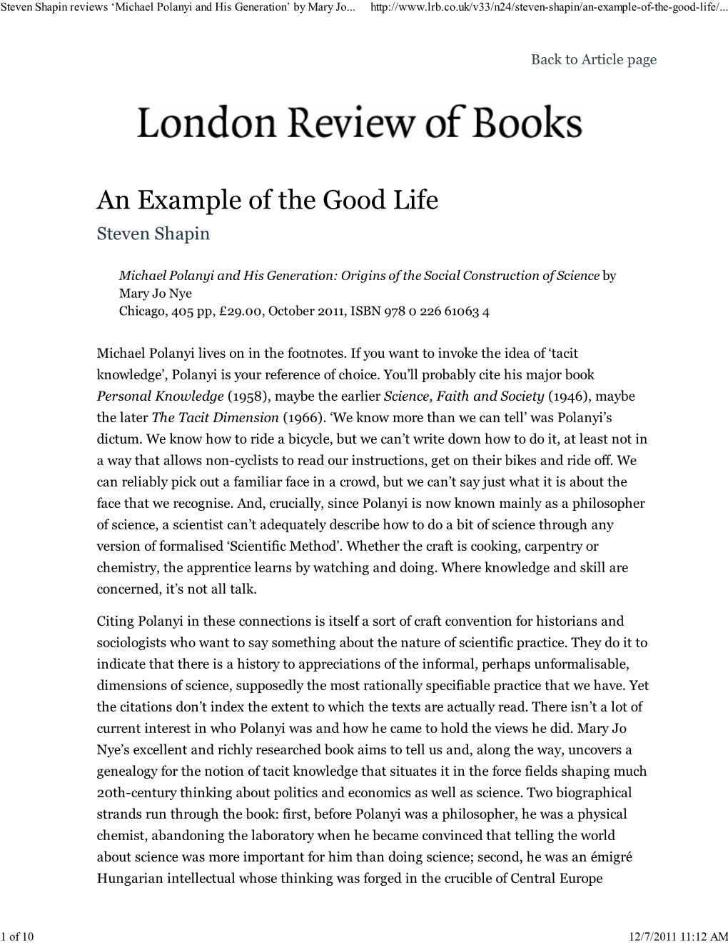 Steven Shapin Reviews 'Michael Polanyi and His Generation' by Mary Jo Nye · LRB 15 December 2011 (Print Version)