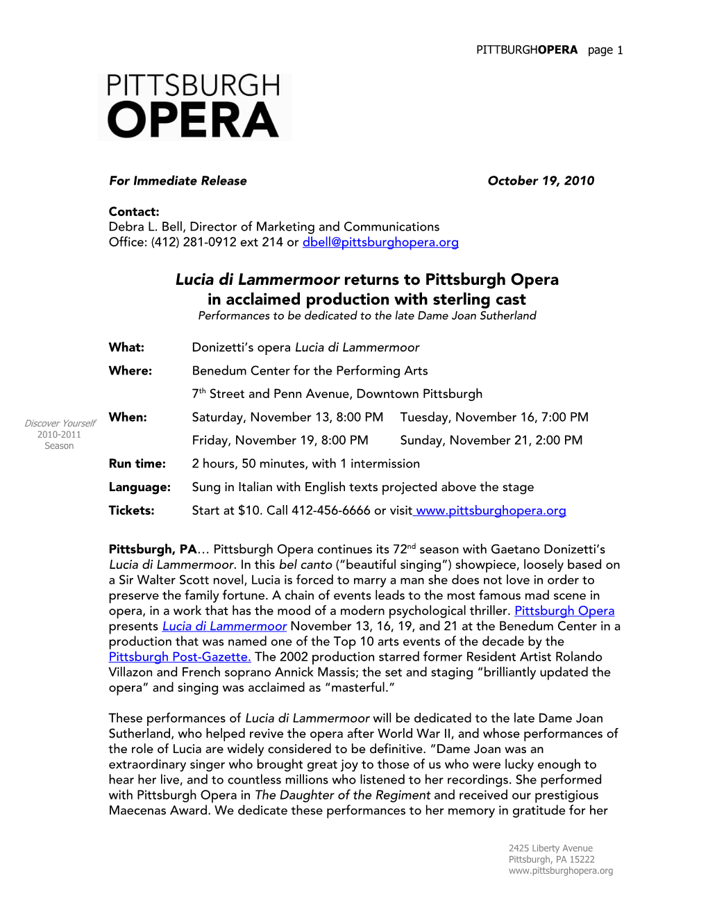 Lucia Di Lammermoor Returns to Pittsburgh Opera in Acclaimed Production with Sterling Cast Performances to Be Dedicated to the Late Dame Joan Sutherland