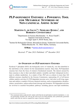 PLP-Dependent Enzymes: a Powerful Tool for Metabolic Synthesis of Non-Canonical Amino Acids1