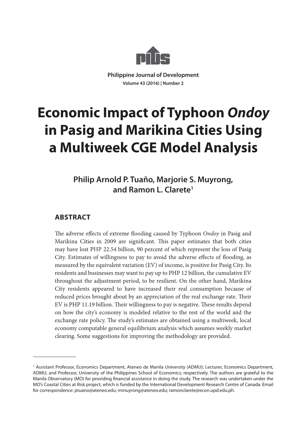 Economic Impact of Typhoon Ondoy in Pasig and Marikina Cities Using a Multiweek CGE Model Analysis