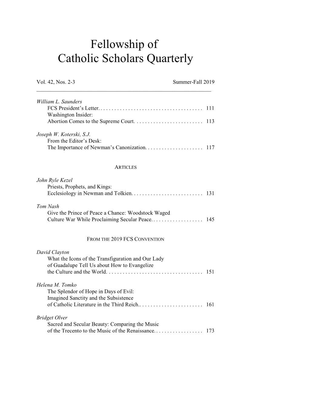 Fellowship of Catholic Scholars Quarterly