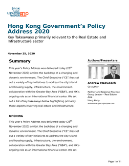 Hong Kong Government's Policy Address 2020