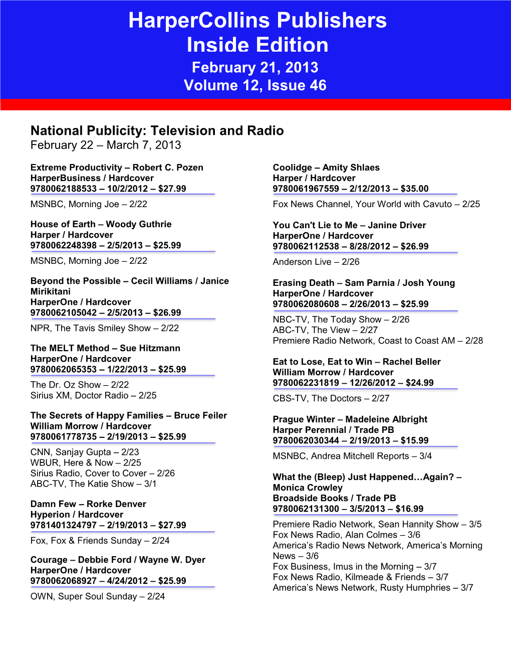 Harpercollins Publishers Inside Edition February 21, 2013 Volume 12, Issue 46