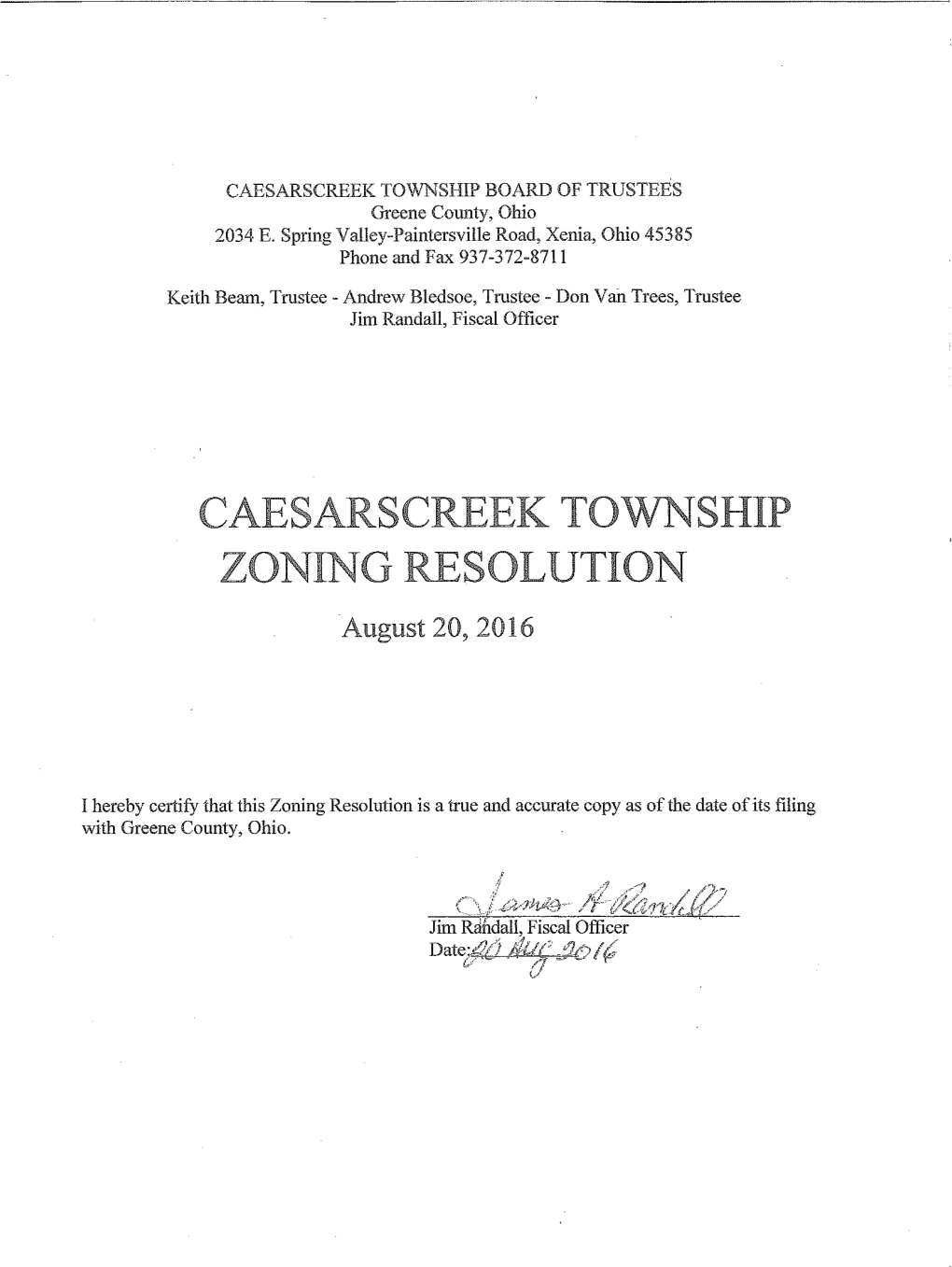 Caesarscreek Township Zoning Resolution August 20, 2016