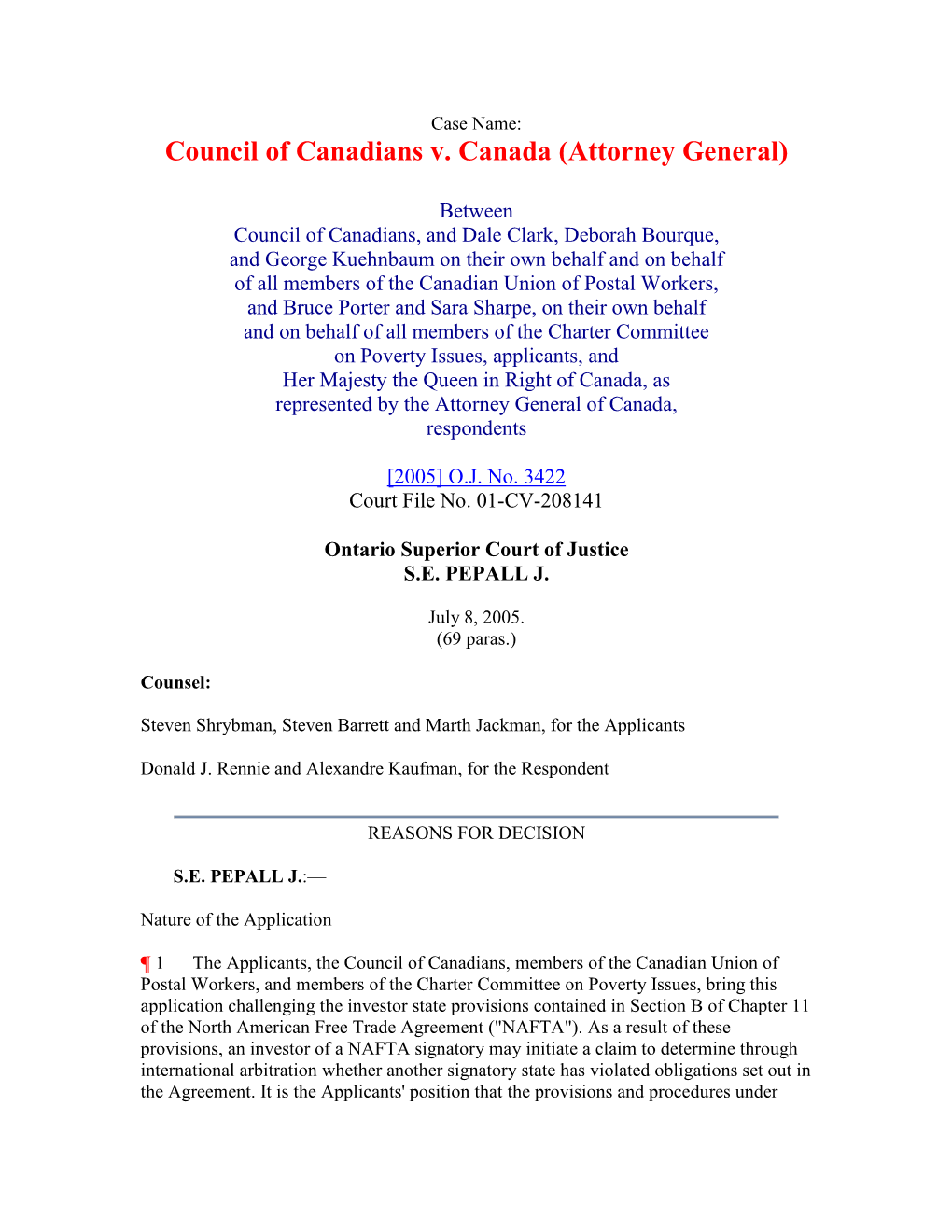 Council of Canadians V. Canada (Attorney General)