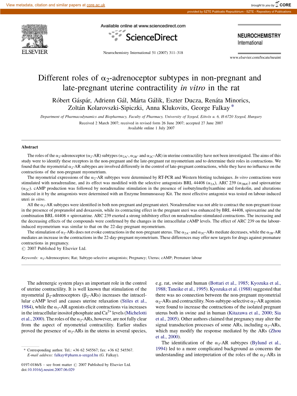 Different Roles of A2-Adrenoceptor Subtypes in Non-Pregnant and Late