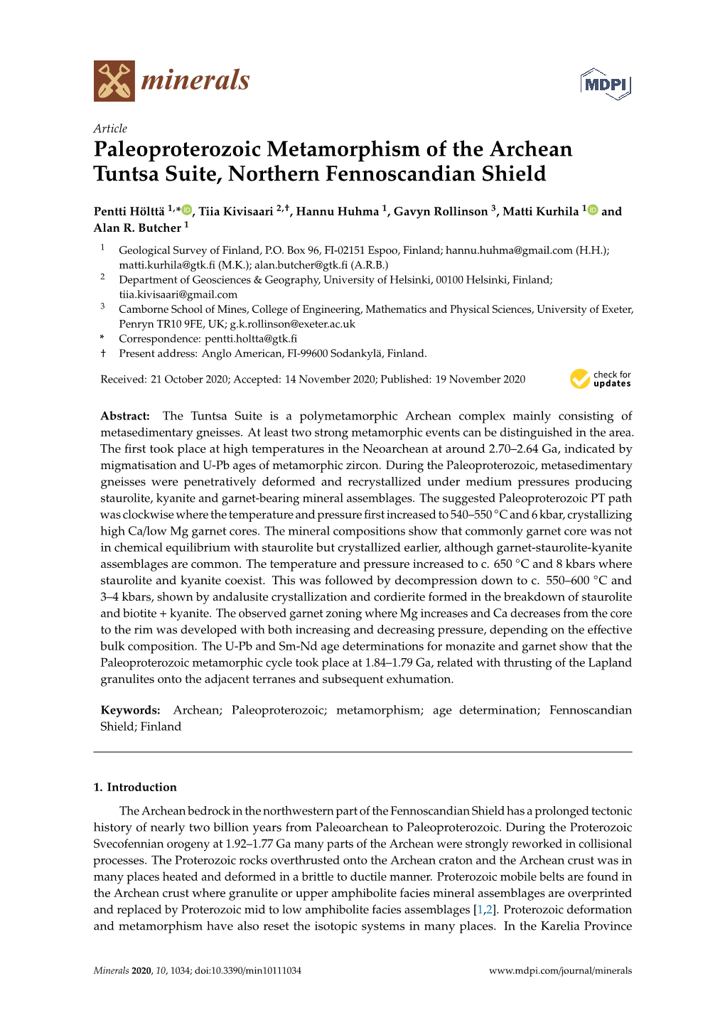 Paleoproterozoic Metamorphism of the Archean Tuntsa Suite, Northern Fennoscandian Shield