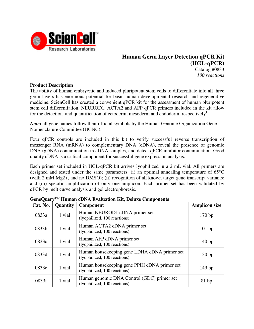 Human Germ Layer Detection Qpcr Kit (HGL-Qpcr) Catalog #0833 100 Reactions