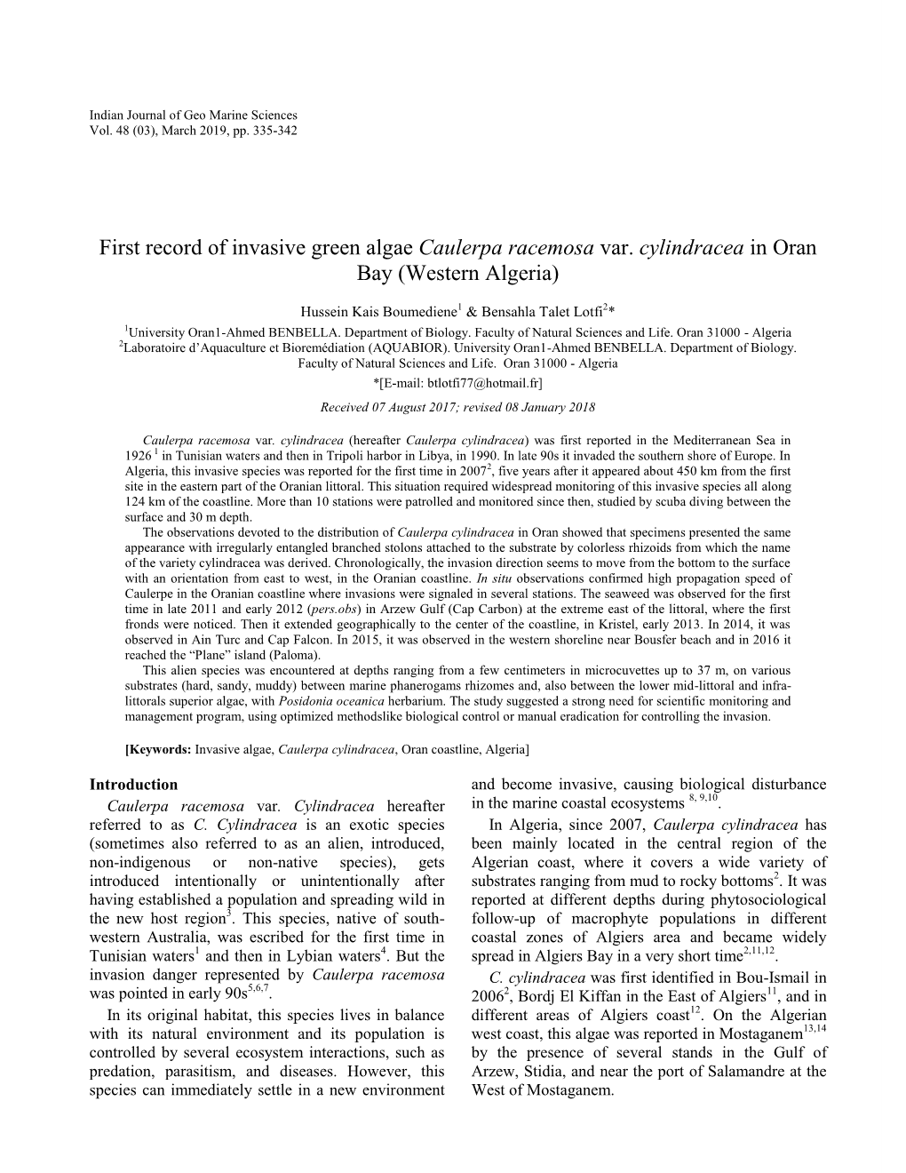 First Record of Invasive Green Algae Caulerpa Racemosa Var