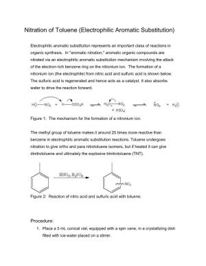 Nitration of Toluene (Electrophilic Aromatic Substitution)