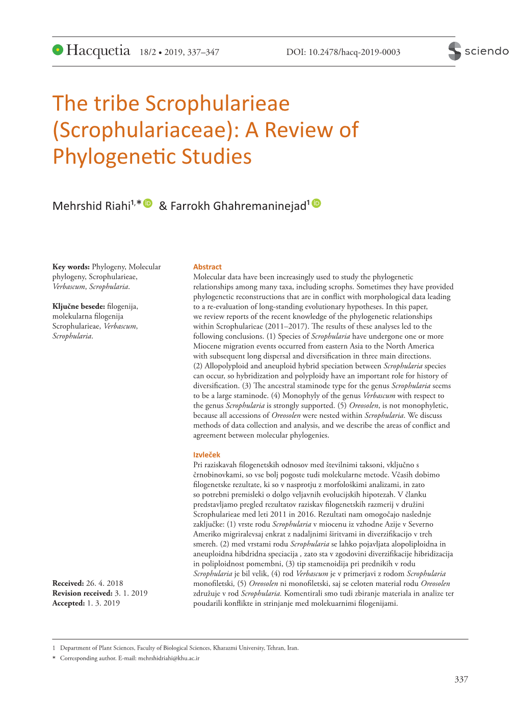 (Scrophulariaceae): a Review of Phylogenetic Studies