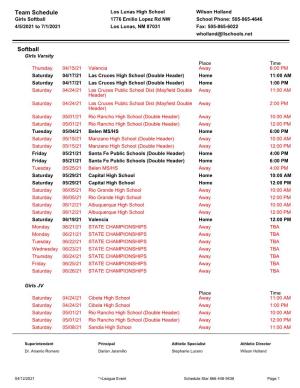 Printable LLHS Softball 2020-2021 Schedule