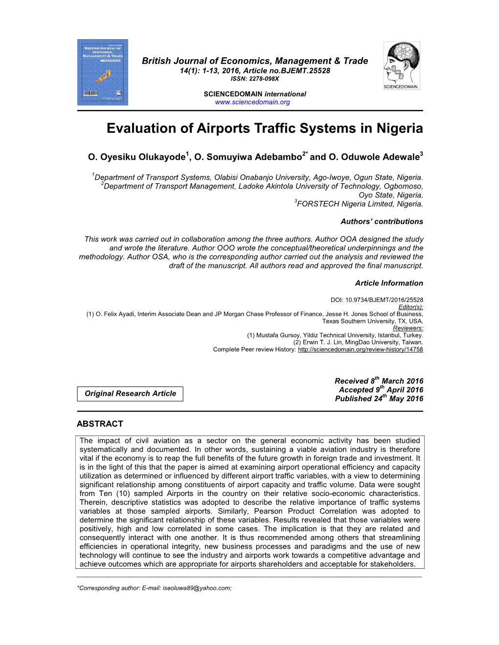 Evaluation of Airports Traffic Systems in Nigeria