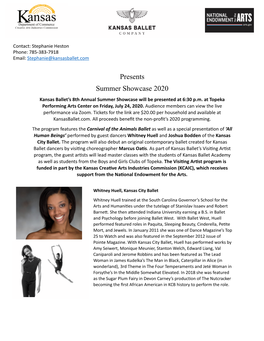 Presents Summer Showcase 2020 Kansas Ballet’S 8Th Annual Summer Showcase Will Be Presented at 6:30 P.M