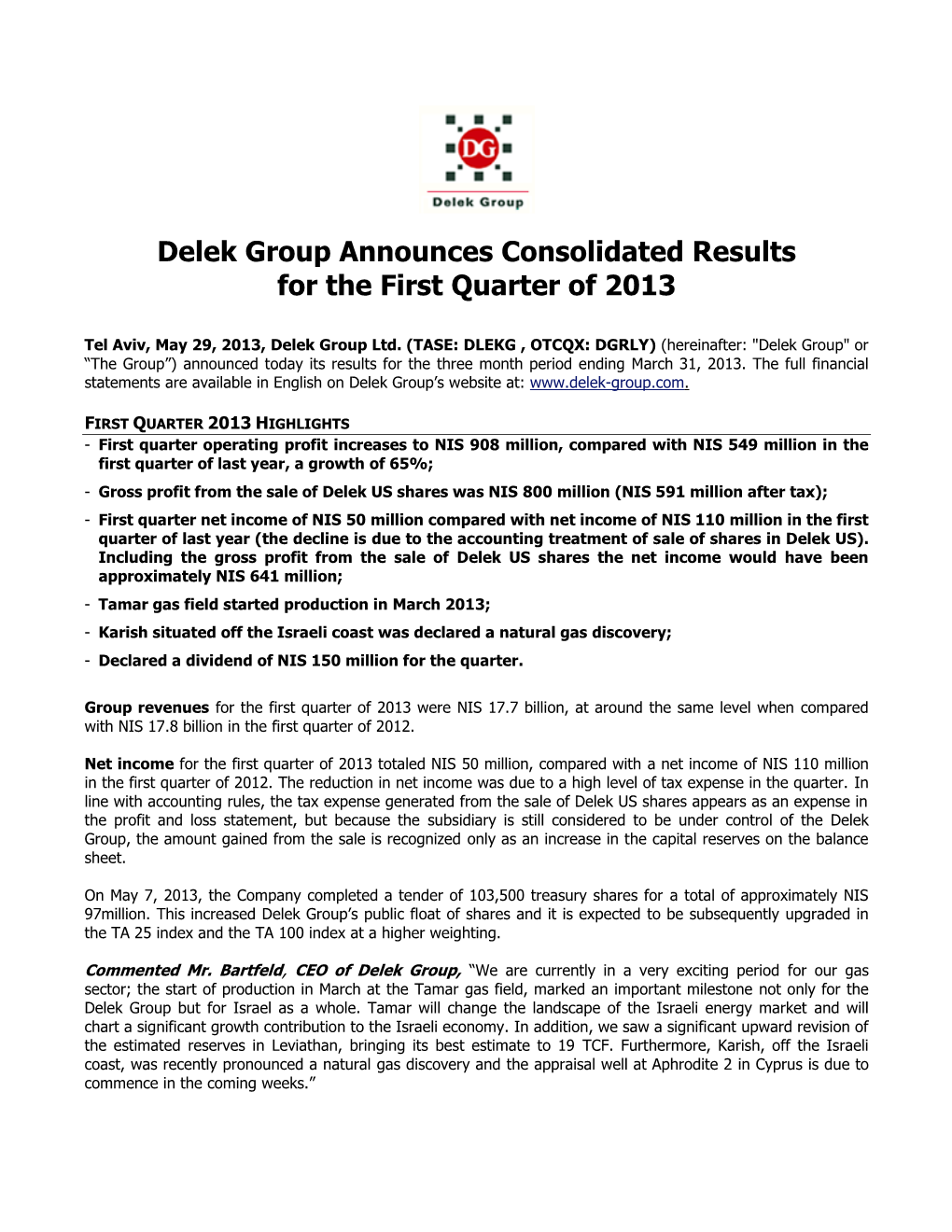 Delek Group Announces Consolidated Results for the First Quarter of 2013