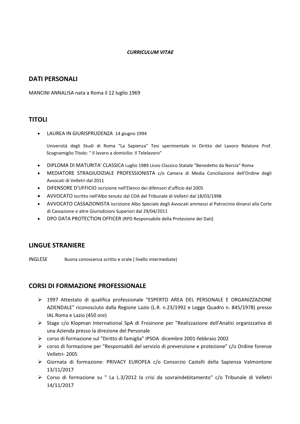 Dati Personali Titoli Lingue Straniere Corsi Di Formazione Professionale