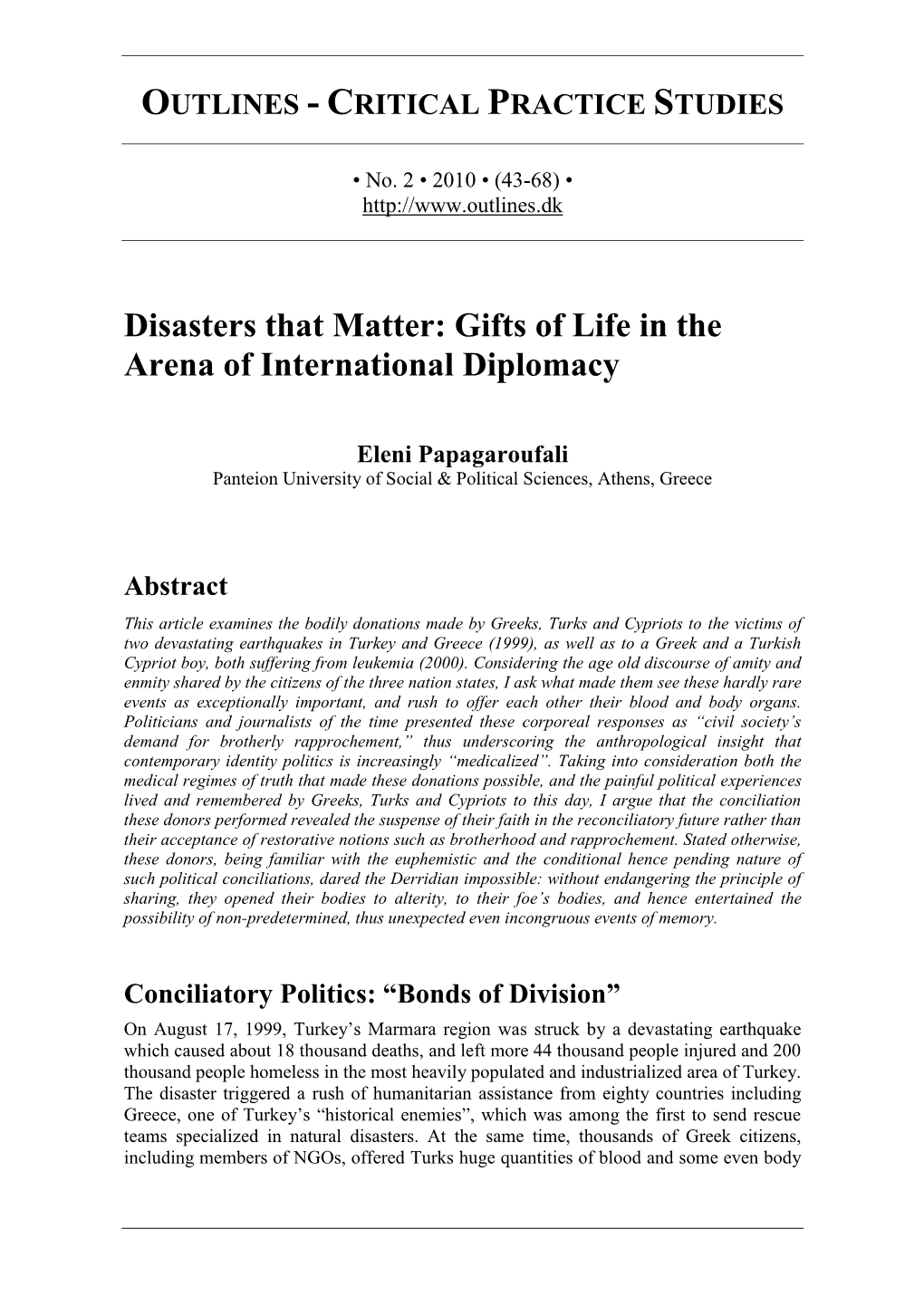 Disasters That Matter: Gifts of Life in the Arena of International Diplomacy