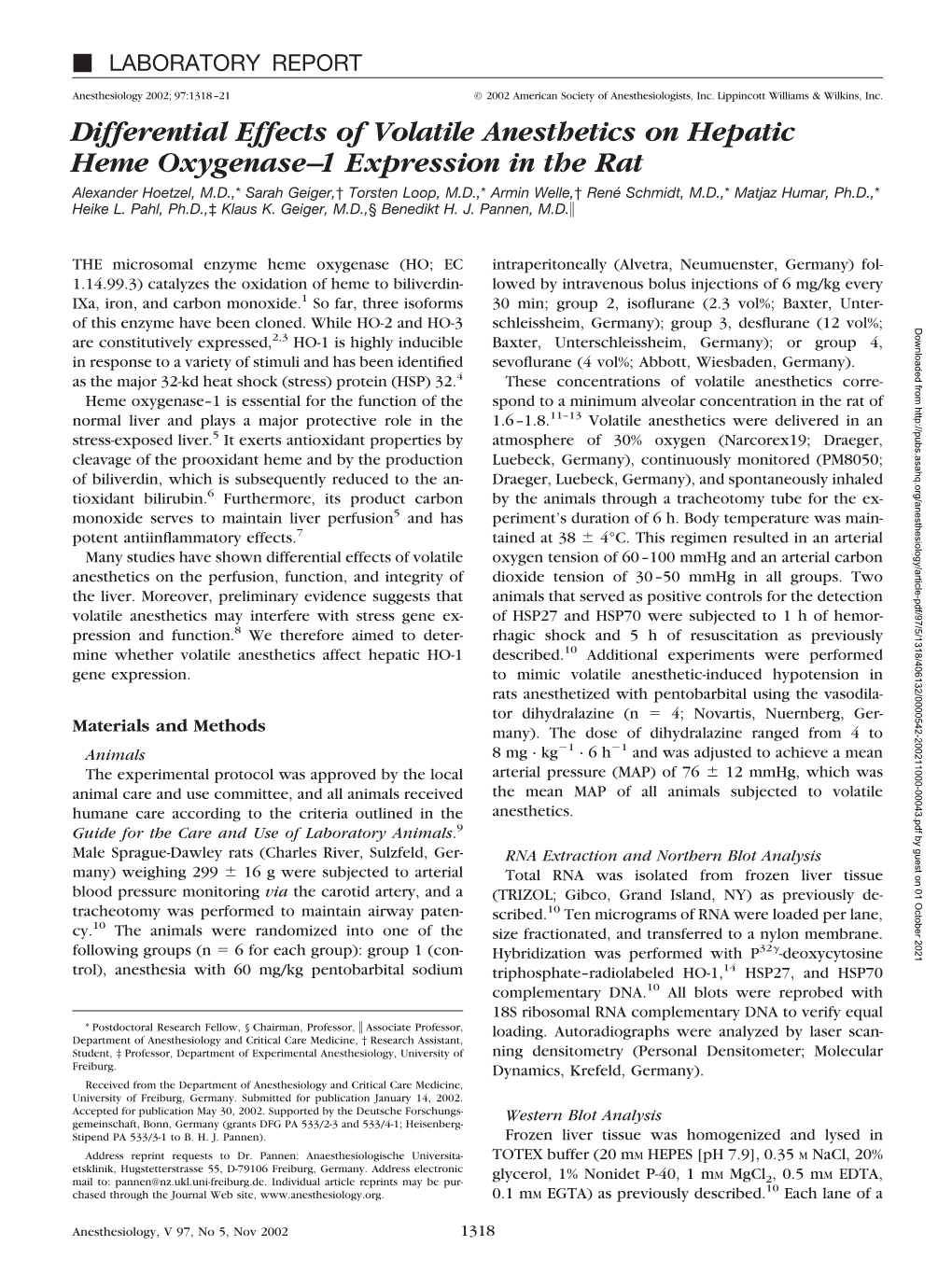 Differential Effects of Volatile Anesthetics on Hepatic Heme