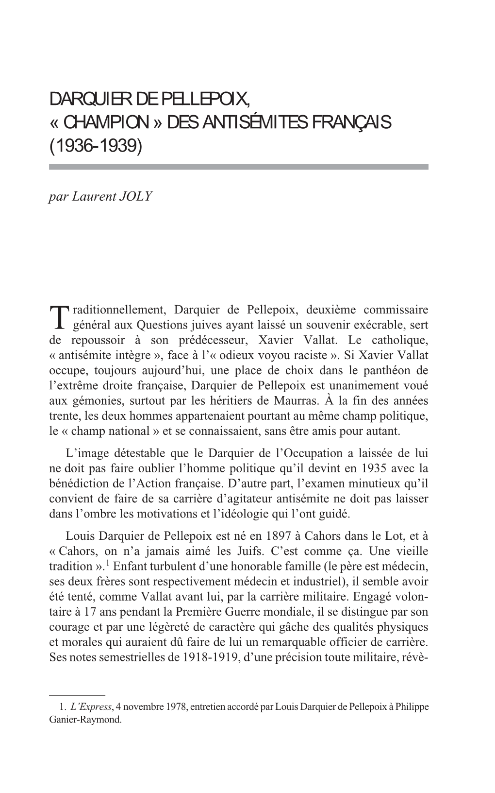 DARQUIER DE PELLEPOIX, « CHAMPION » DES ANTISÉMITES FRANÇAIS (1936-1939) Par Laurent JOLY