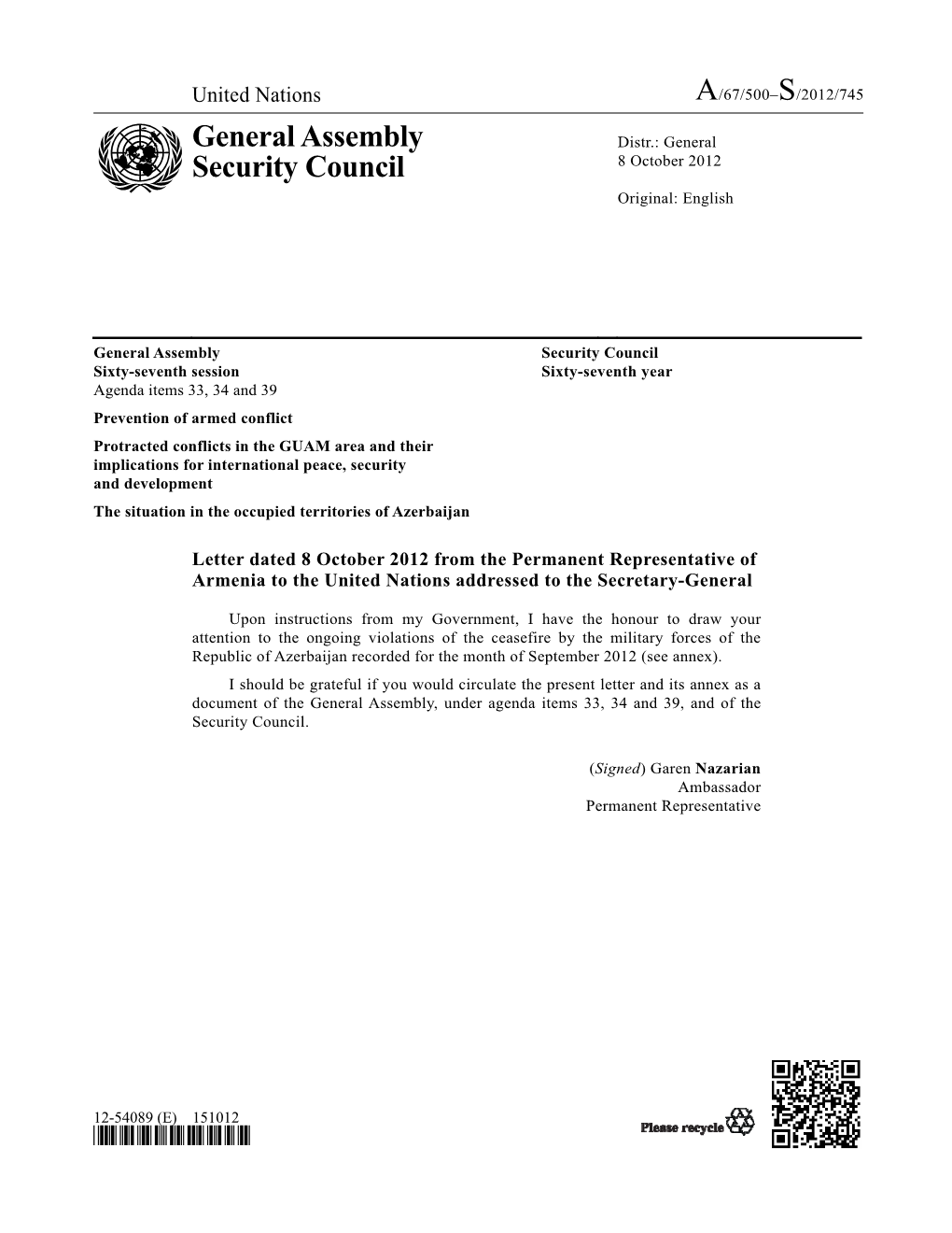 General Assembly Security Council Sixty-Seventh Session Sixty-Seventh Year Agenda Items 33, 34 and 39