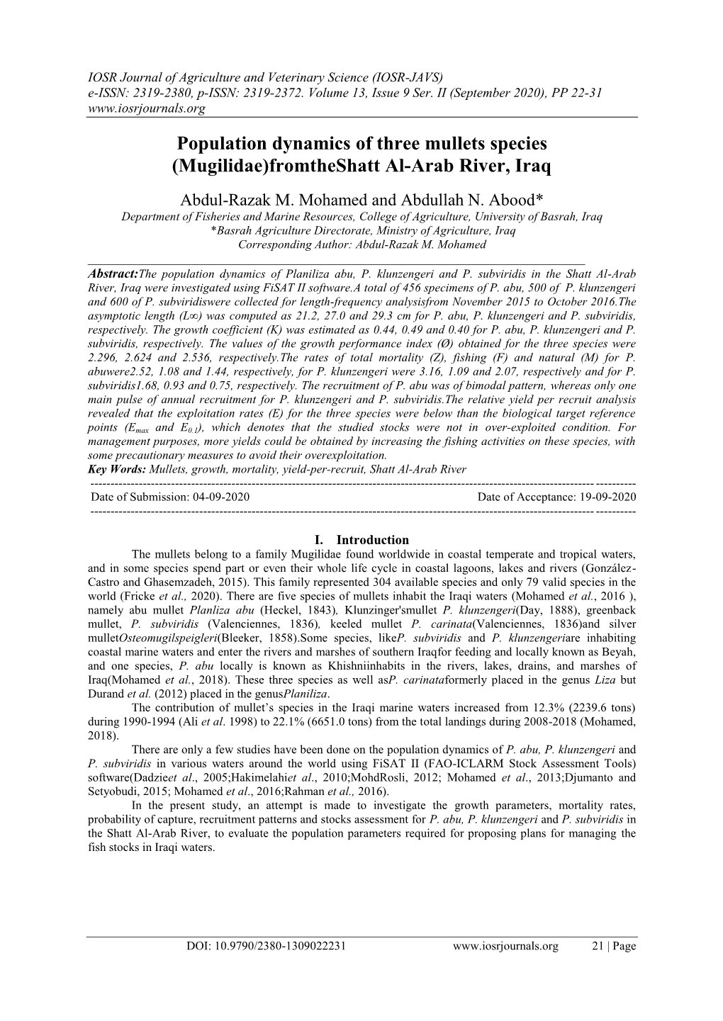 Population Dynamics of Three Mullets Species (Mugilidae)Fromtheshatt Al-Arab River, Iraq