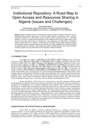 Institutional Repository: a Road Map to Open Access and Resources Sharing in Nigeria (Issues and Challenges)