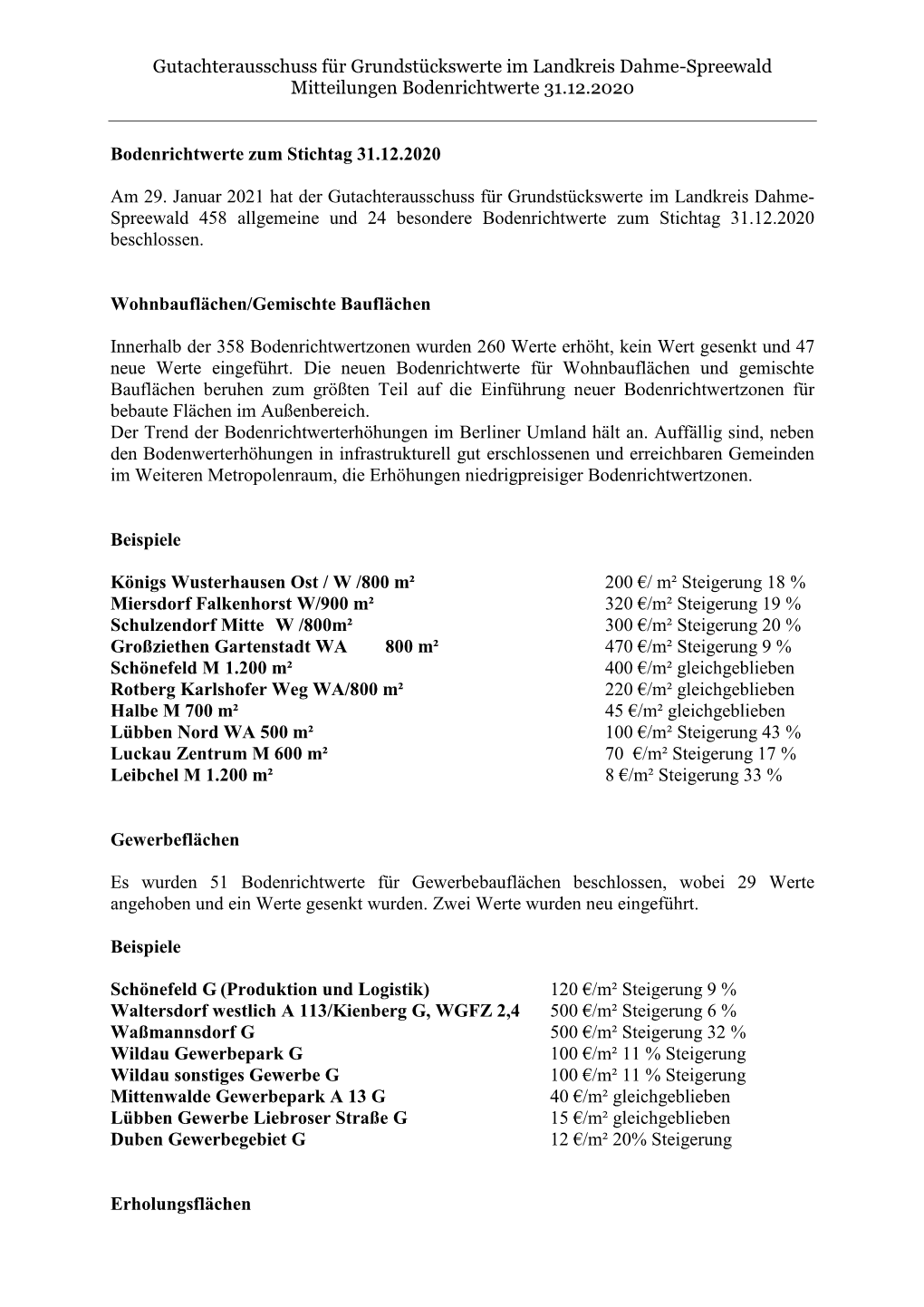 Bodenrichtwerte Zum Stichtag 31.12.2020 Im Landkreis Dahme