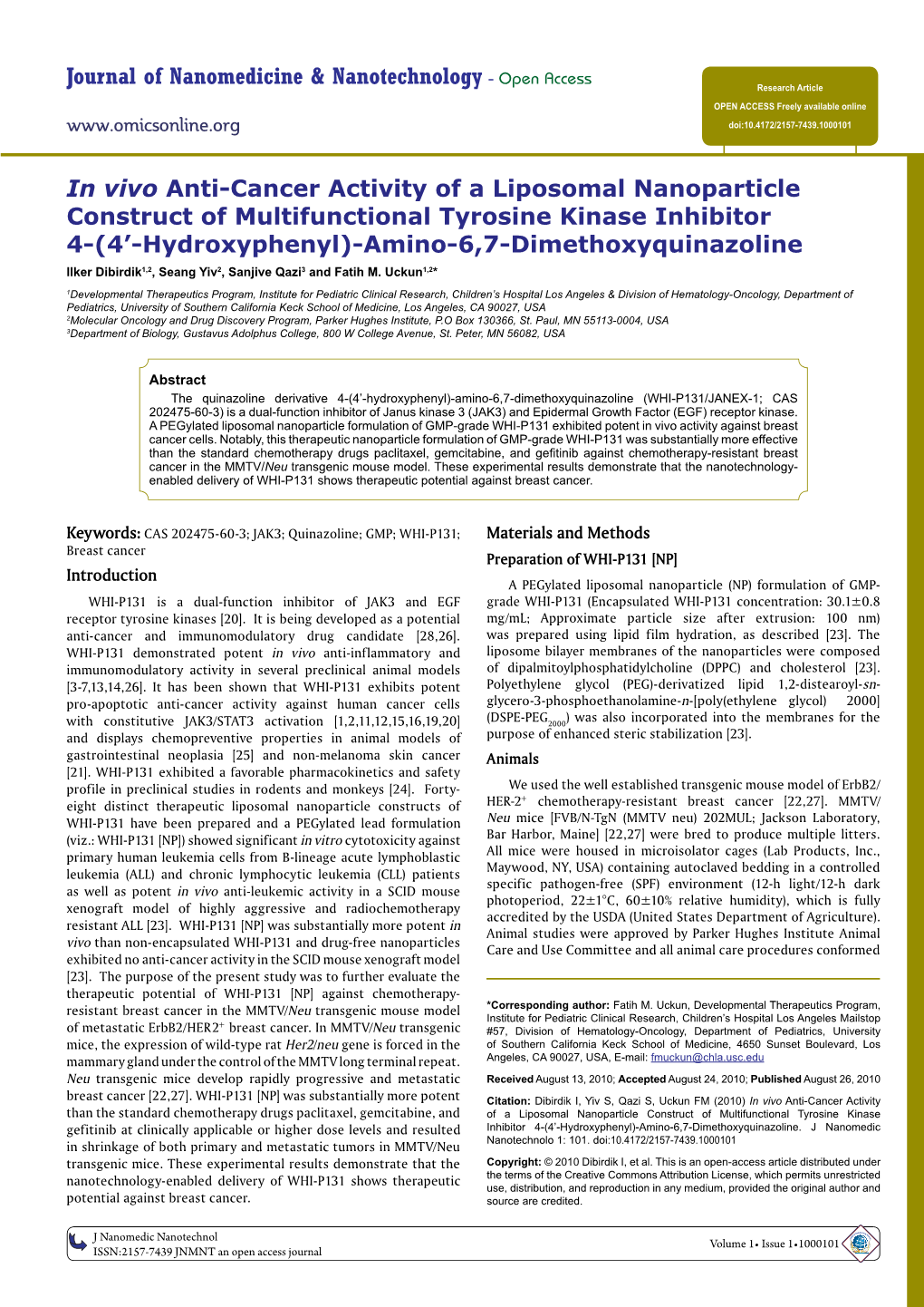 Open Access in Vivo Anti-Cancer Activity of A