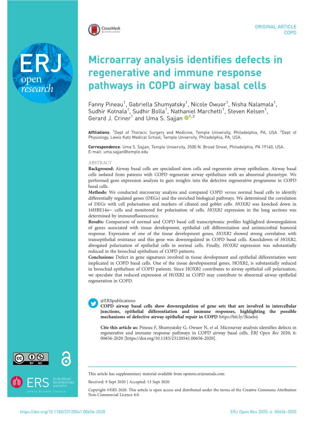 Microarray Analysis Identifies Defects in Regenerative and Immune Response Pathways in COPD Airway Basal Cells