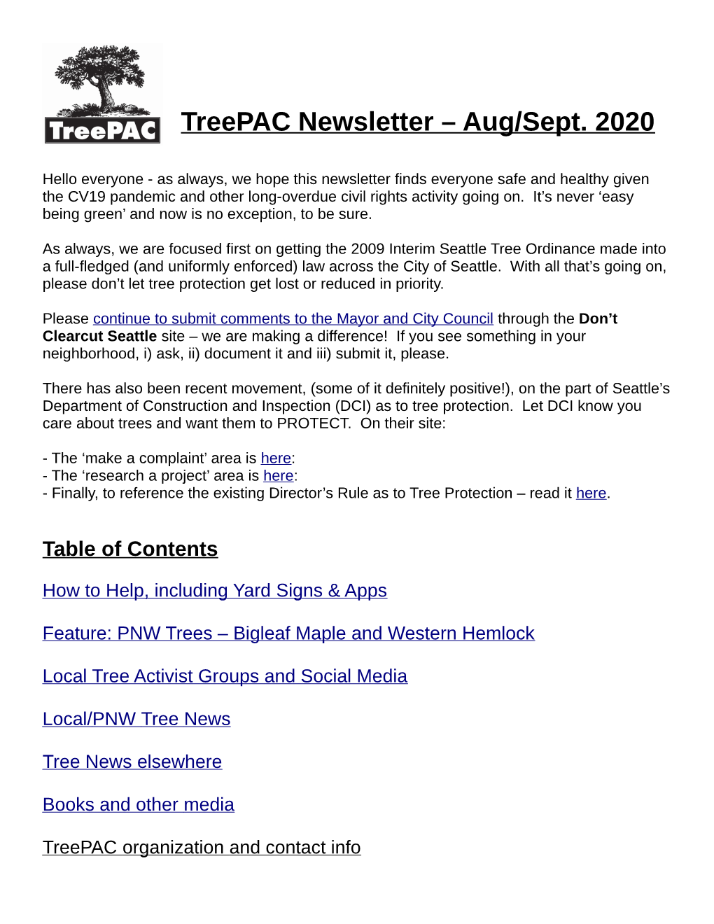 Treepac Newsletter – Aug/Sept. 2020