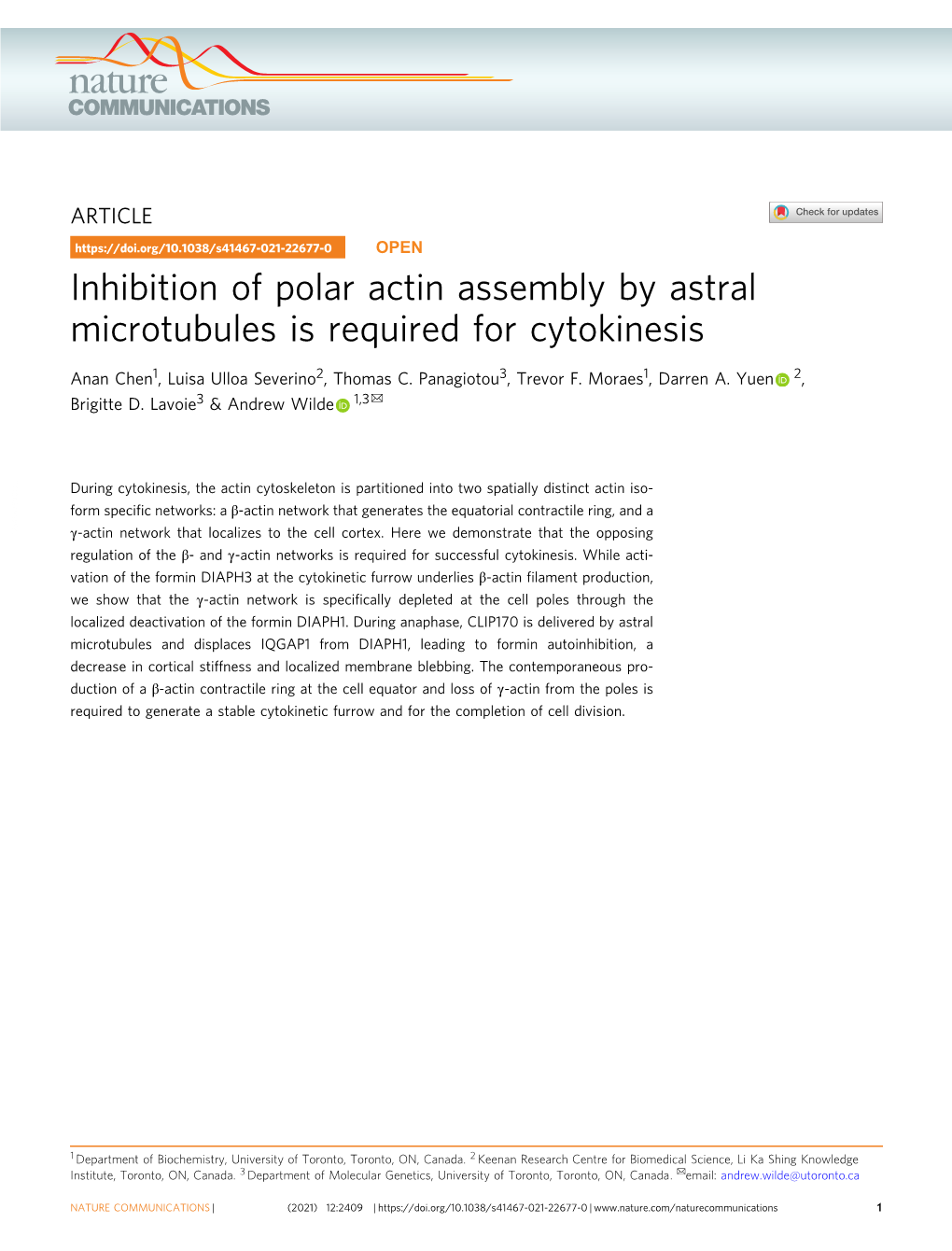 Inhibition of Polar Actin Assembly by Astral Microtubules Is Required for Cytokinesis