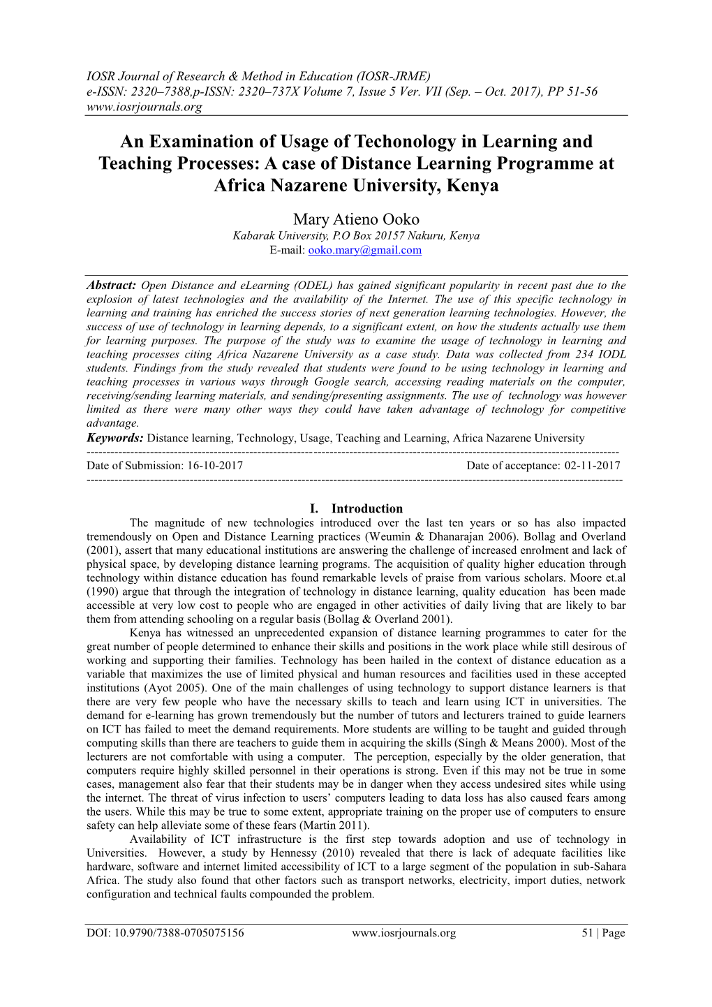 An Examination of Usage of Techonology in Learning and Teaching Processes: a Case of Distance Learning Programme at Africa Nazarene University, Kenya
