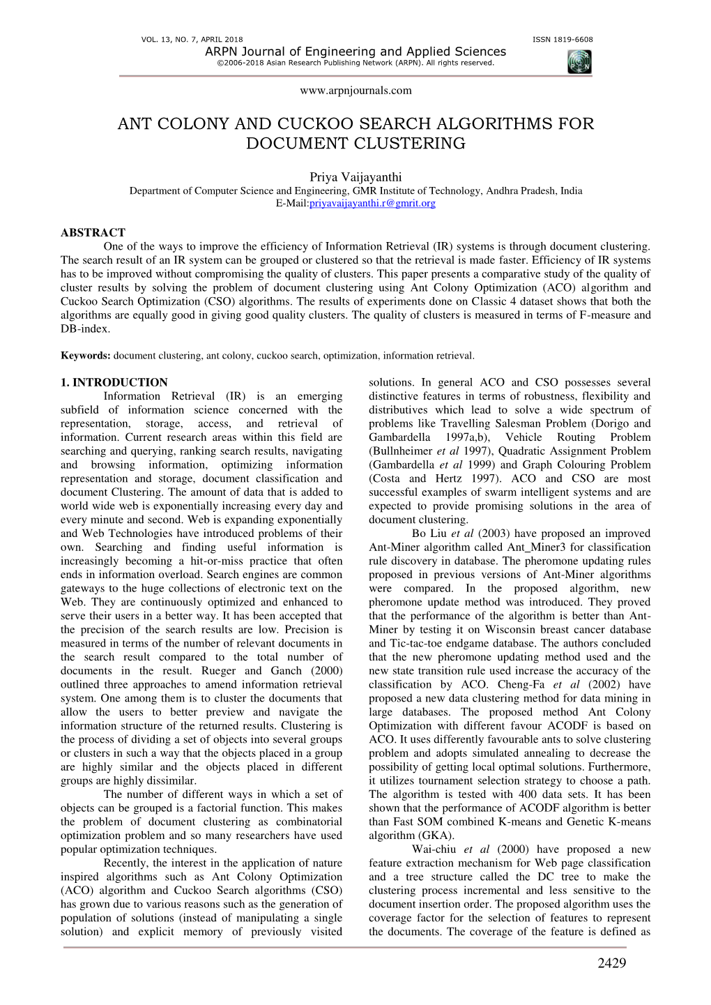 Ant Colony and Cuckoo Search Algorithms for Document Clustering