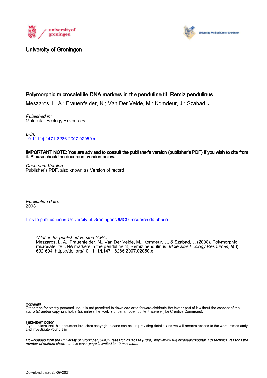 University of Groningen Polymorphic Microsatellite DNA Markers In