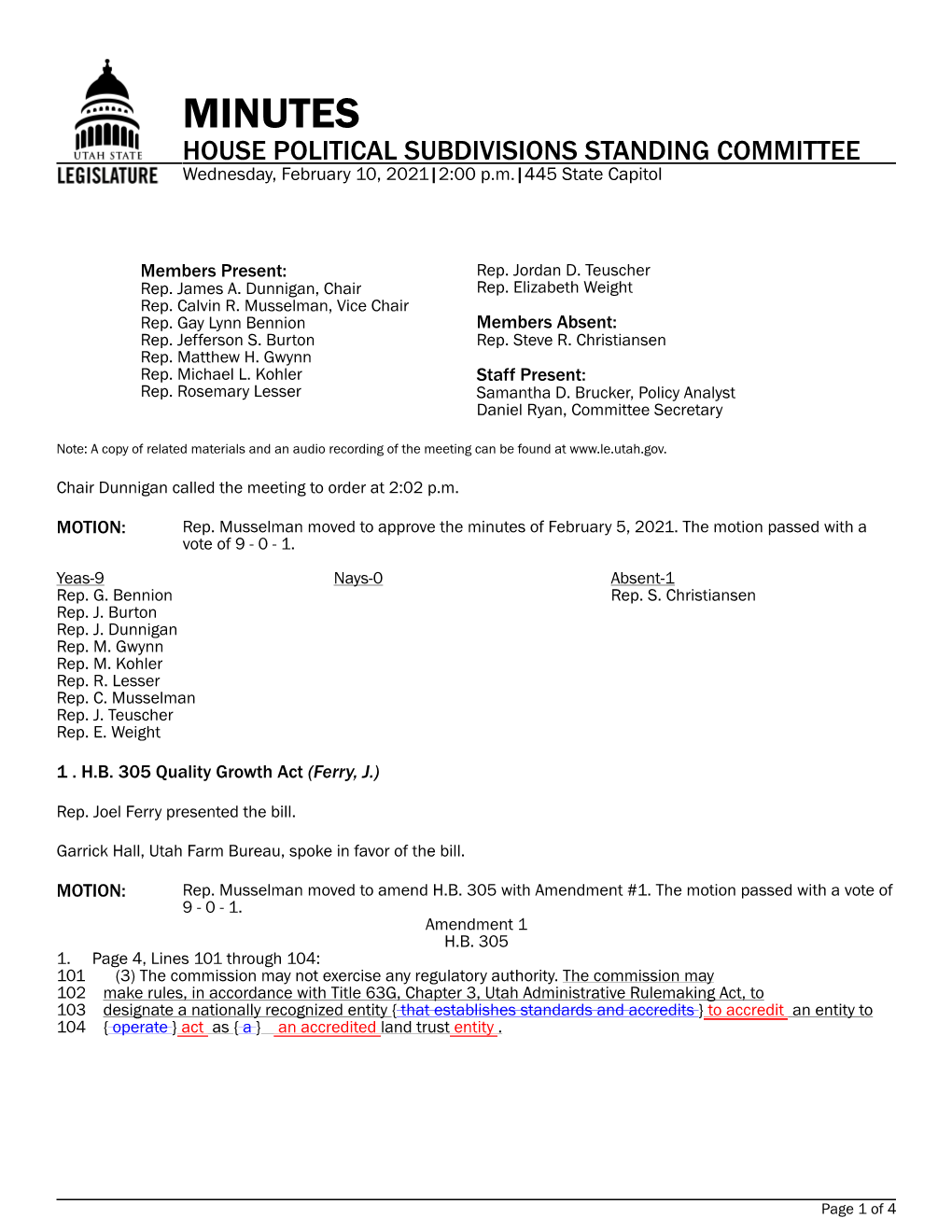 MINUTES HOUSE POLITICAL SUBDIVISIONS STANDING COMMITTEE Wednesday, February 10, 2021|2:00 P.M.|445 State Capitol