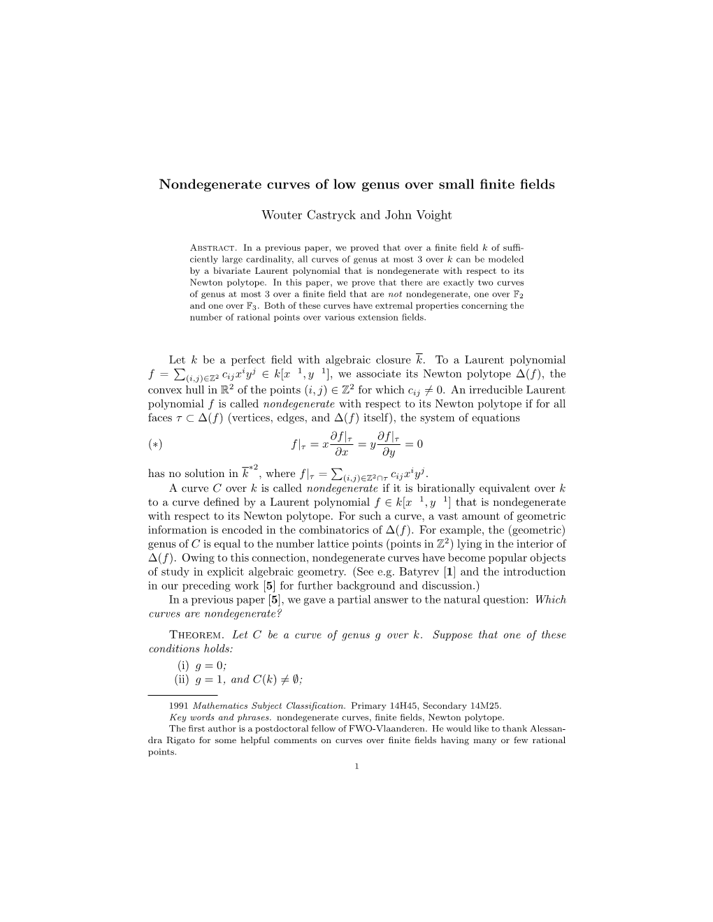 NONDEGENERATE CURVES of LOW GENUS OVER SMALL FINITE FIELDS 3 in (1.1)