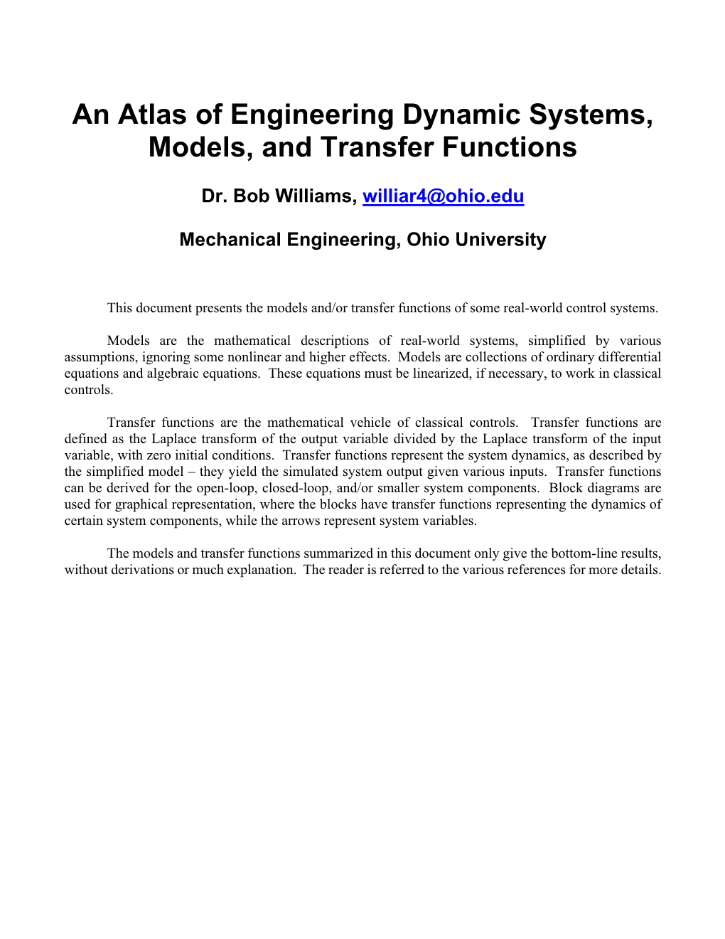 An Atlas of Engineering Dynamic Systems, Models, and Transfer Functions