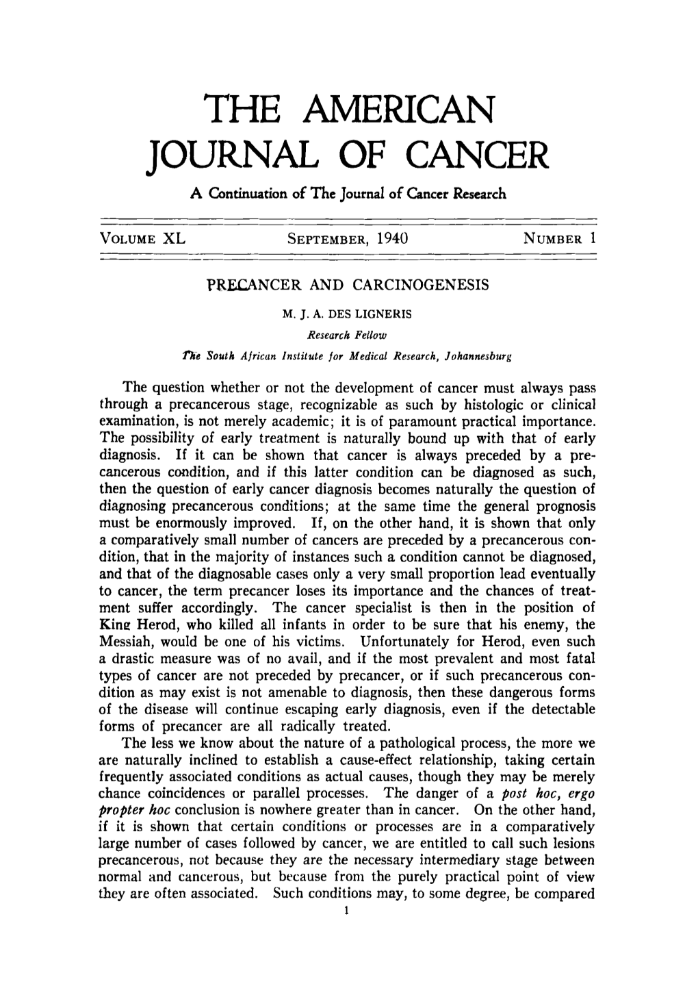 THE AMERICAN JOURNAL of CANCER a Continuation of the Journal of Cancer Research