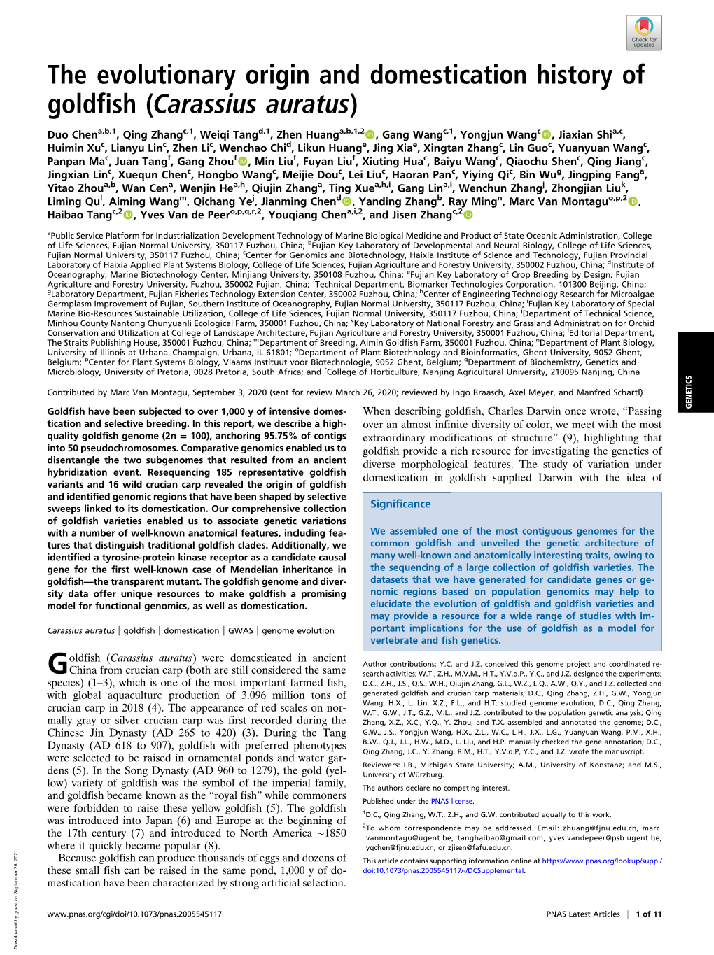 The Evolutionary Origin and Domestication History of Goldfish (Carassius Auratus)