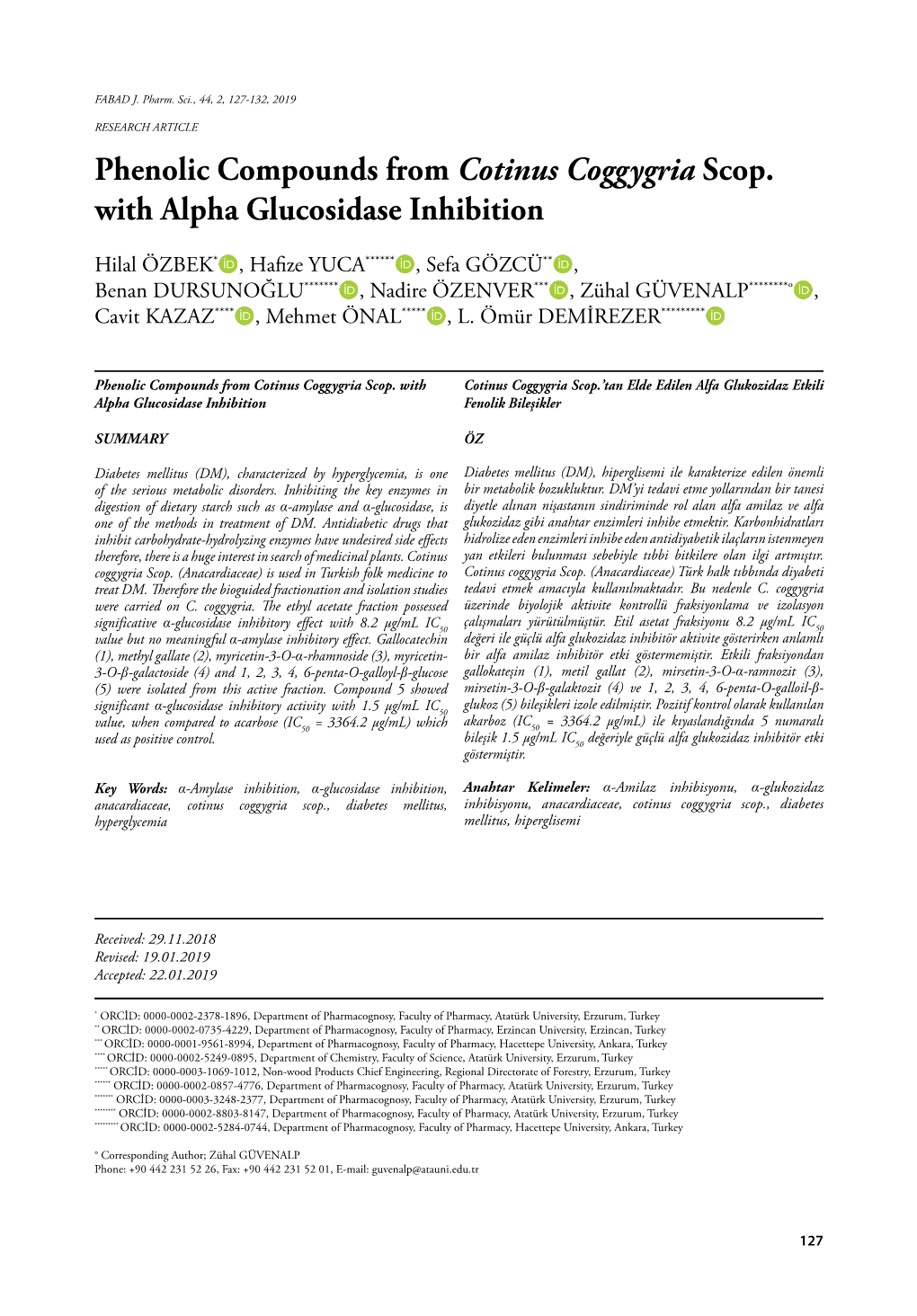 Phenolic Compounds from Cotinus Coggygria Scop. with Alpha Glucosidase Inhibition