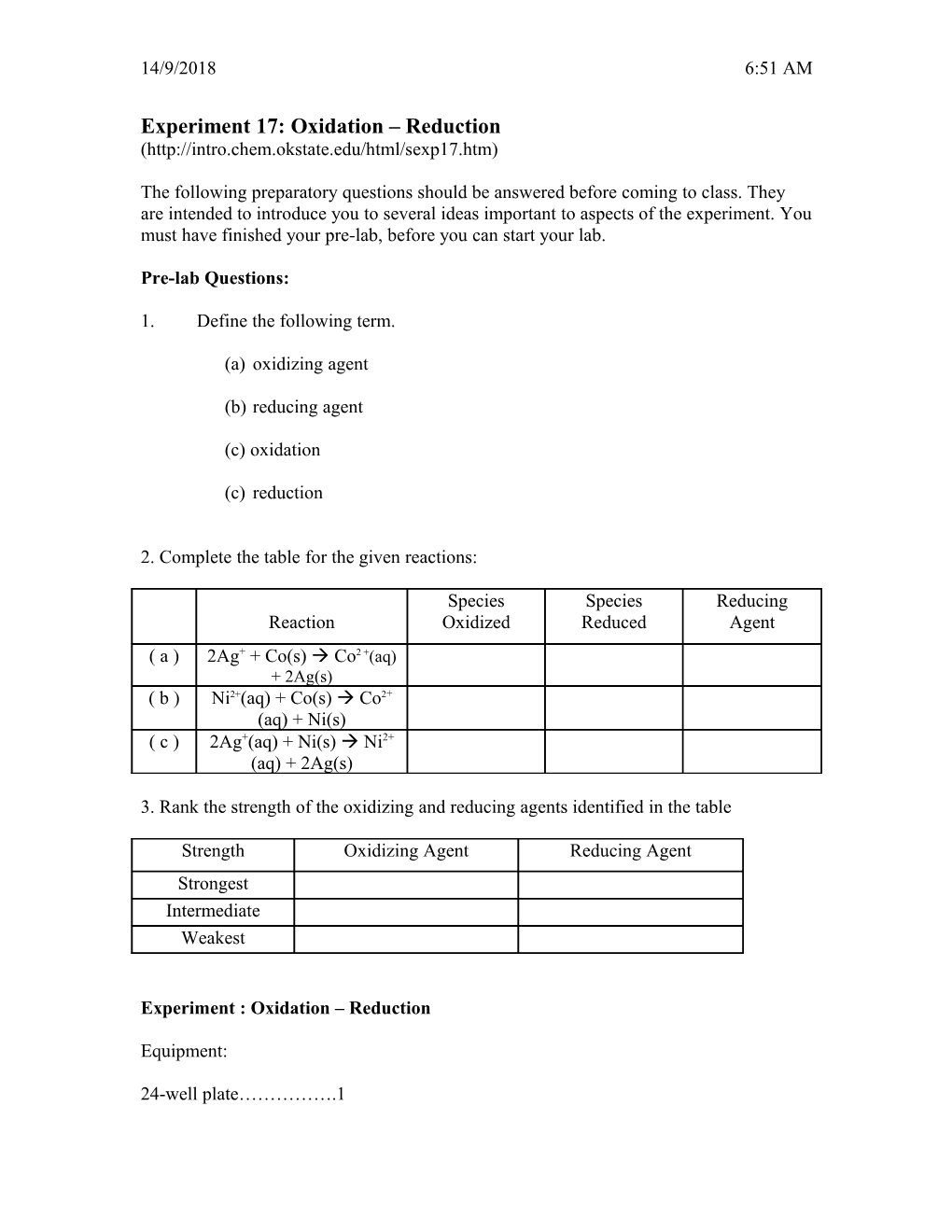 Experiment 17: Oxidation Reduction