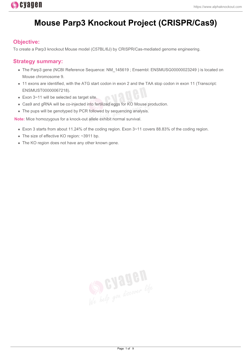 Mouse Parp3 Knockout Project (CRISPR/Cas9)