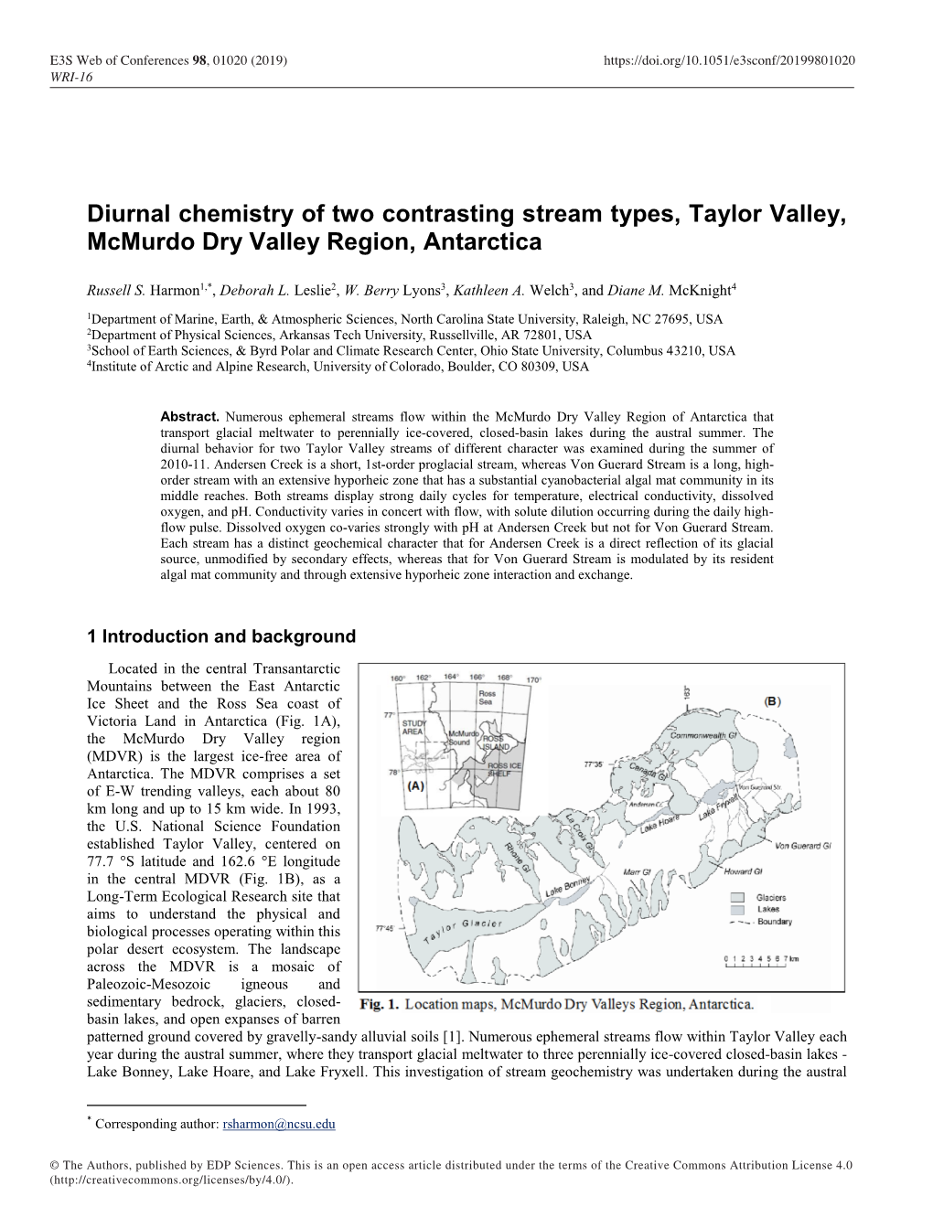 Diurnal Chemistry of Two Contrasting Stream Types, Taylor Valley, Mcmurdo Dry Valley Region, Antarctica