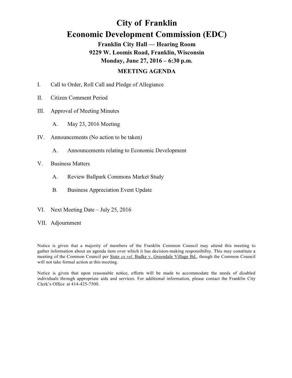 Economic Development Commission Meeting Agenda for 6-27-2016