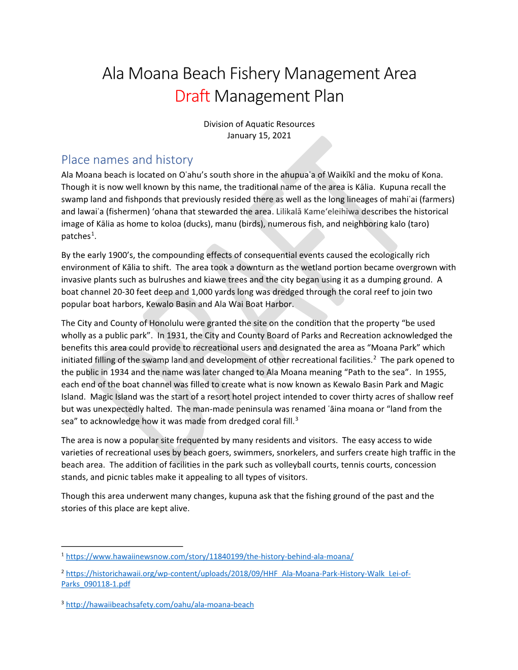 Ala Moana Beach Fishery Management Area Draft Management Plan